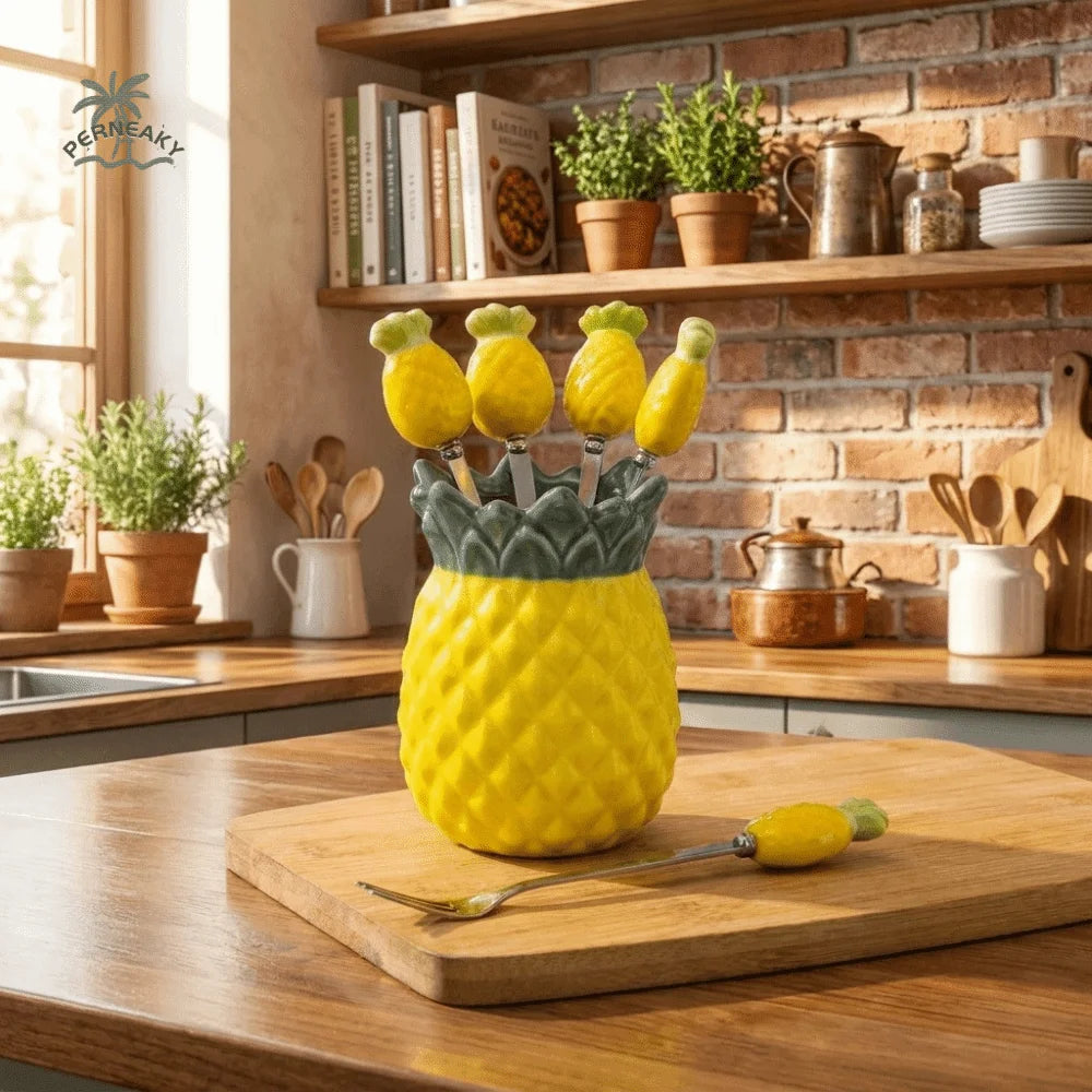 ensemble d'ustensils decoratifs vase ananas fourchettes cuilleres tropical jaune vert foncé losanges ananas