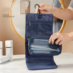 sac toilette pliable suspendu compartiments zippés poches mesh miroir polyester bleu marine gris minimaliste