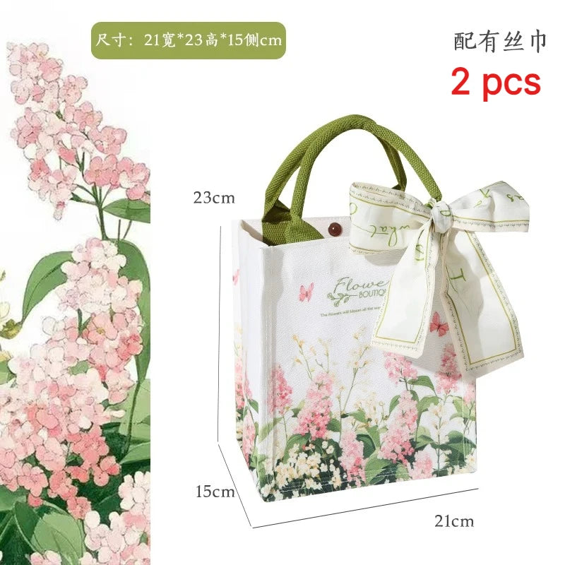 sac main toile fleurs blanc vert rose élégant réutilisable écologique poignées vertes