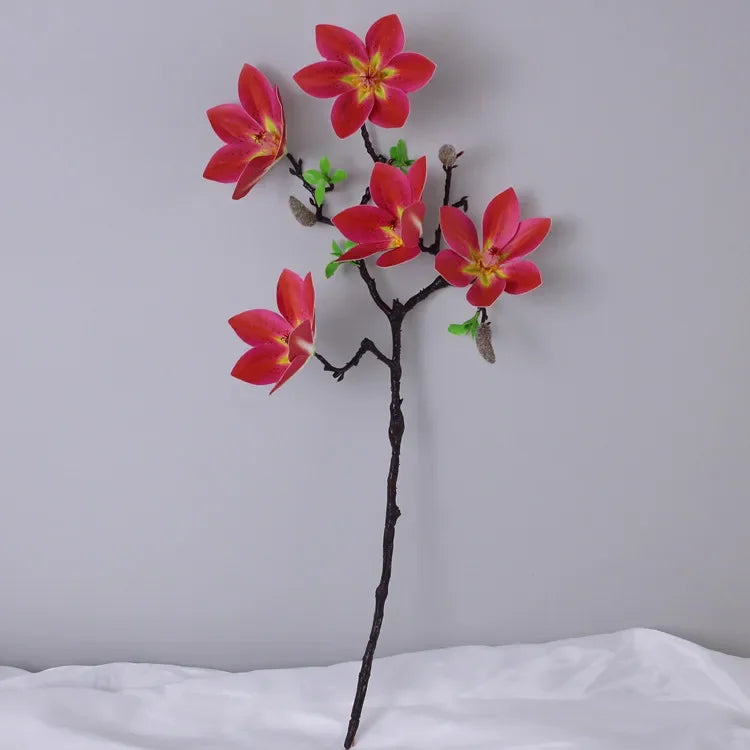 Branche artificielle magnolia fleurs simples feuilles vertes blanc rose jaune verte decoration intérieur