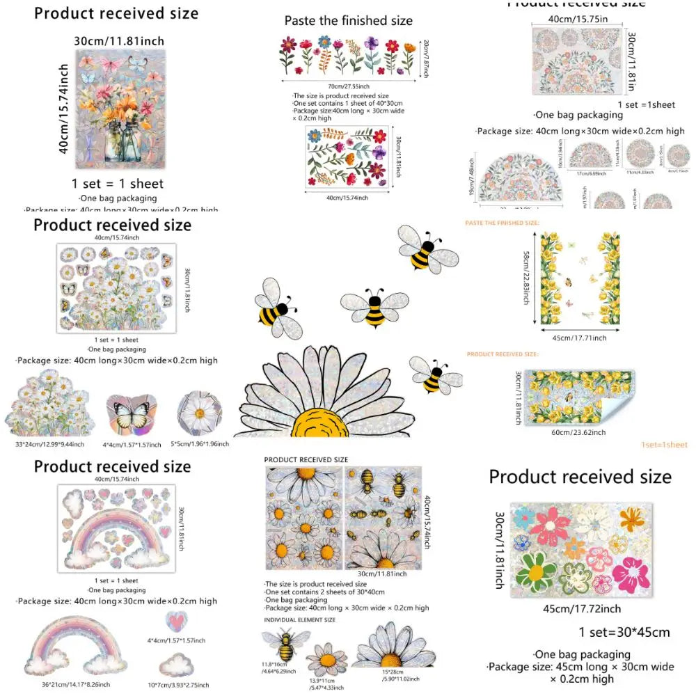 stickers fenetre decoratifs fleurs arc ciel multicolores adhésifs pvc naturel artistique