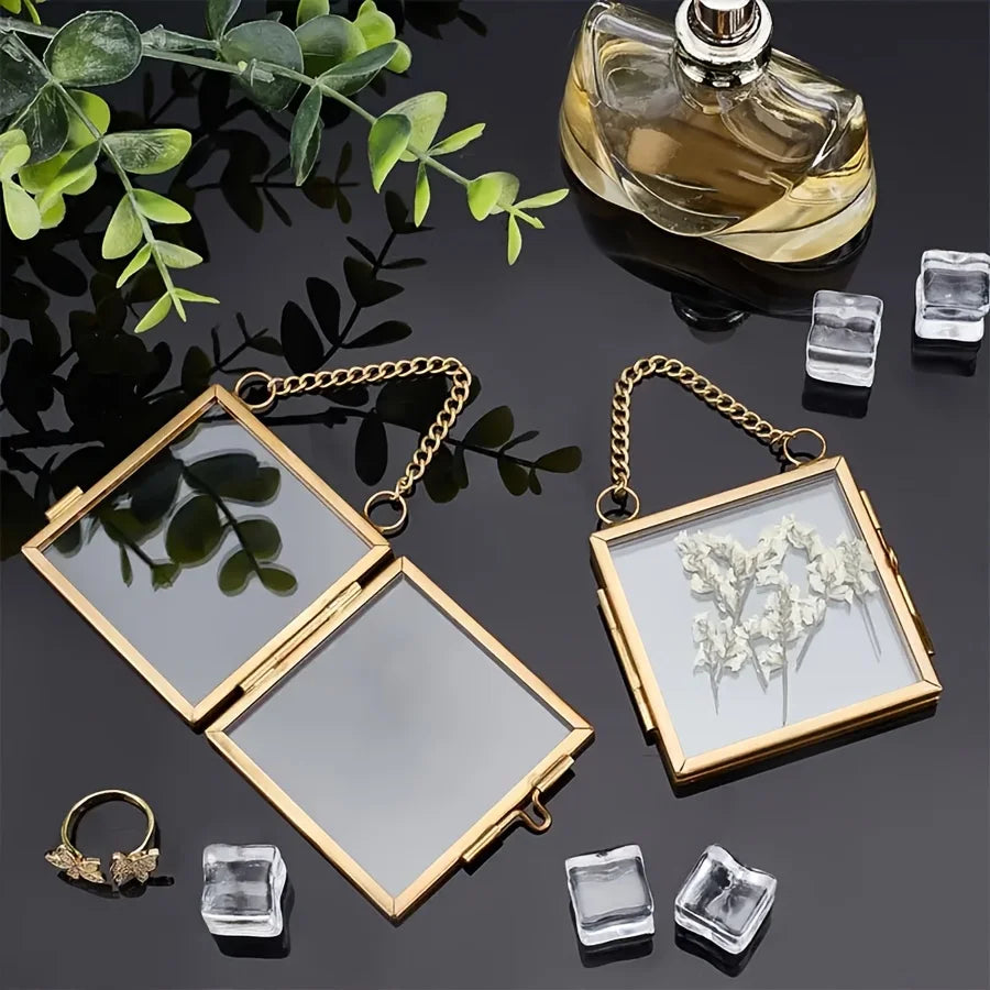 cadres photo suspendus or verre transparent bohème vintage fleurs séchées anneaux suspension 6x6cm