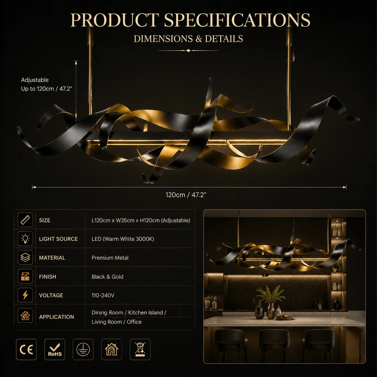 lampe suspendue moderne élégante noir doré sculptural finition métallique luxueuse 120cm adjustable