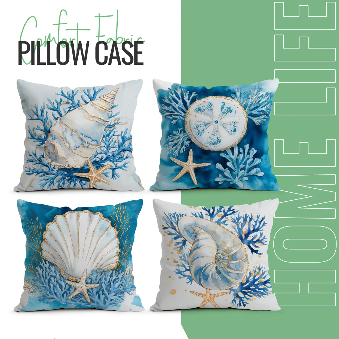 coussin moderne bleu blanc corail coquillage 45cmx45cm zip invisible décoration intérieur maison