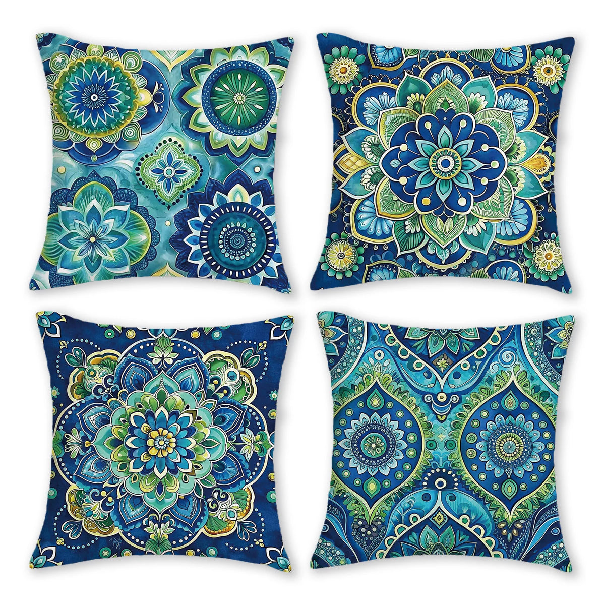 housse coussin motif mandala bleu vert polyester peacheskin zip fermure ethnique decoration maison chambre