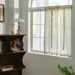 rideau semi transparent lin beige bleu marine rayures horizontales moderne rustique fenêtre salon thé