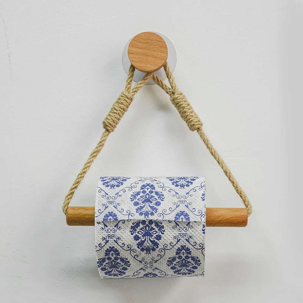 porte serviette bois corde naturelle ventouse serviette blanche motif rustique boho salle bains decoration