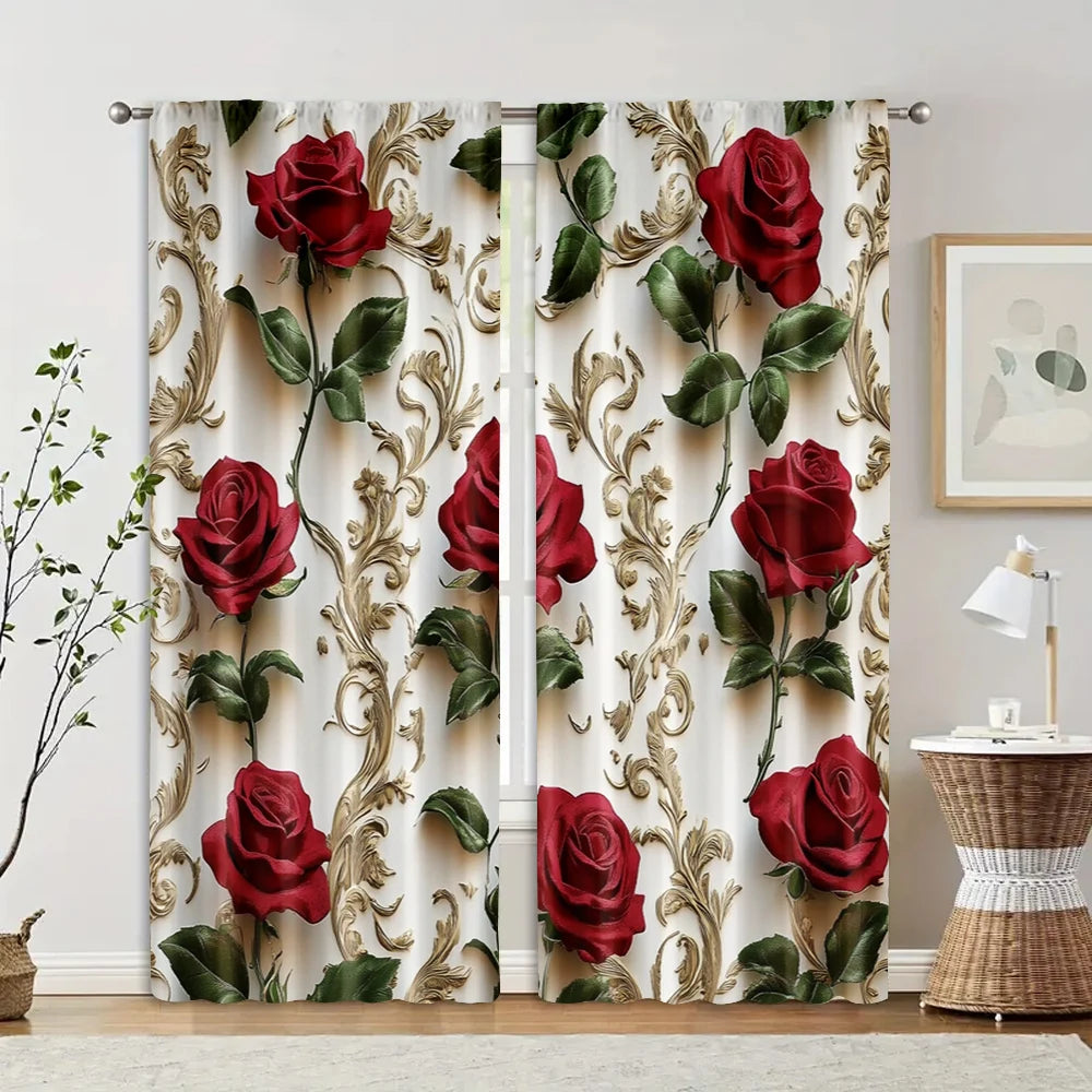 rideau classique roses rouges feuilles vertes motifs dorés polyester blanc rouge vert opaques
