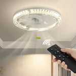 ventilateur led moderne télécommande blanc noir transparent cristal airflow lumiere vitesses