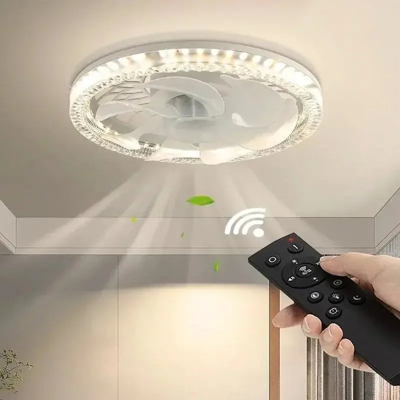 ventilateur led moderne télécommande blanc noir transparent cristal airflow lumiere vitesses