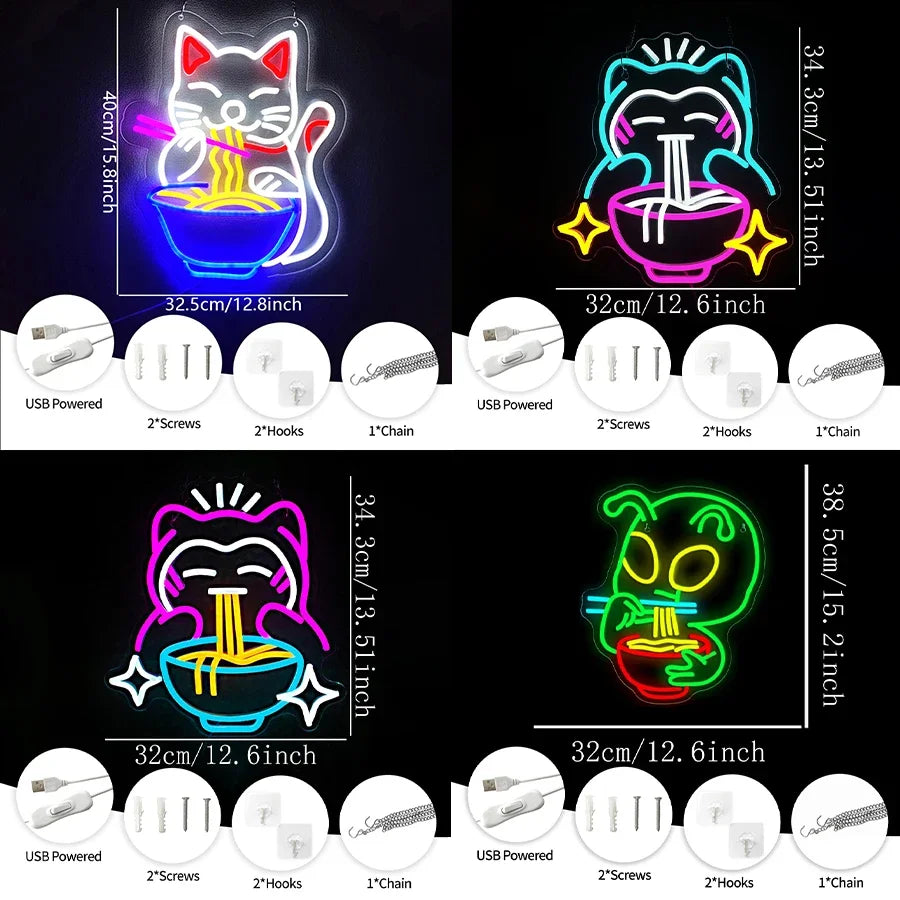 décoration murale néon chat nouilles ramen couleurs vives moderne suspension câbles usb