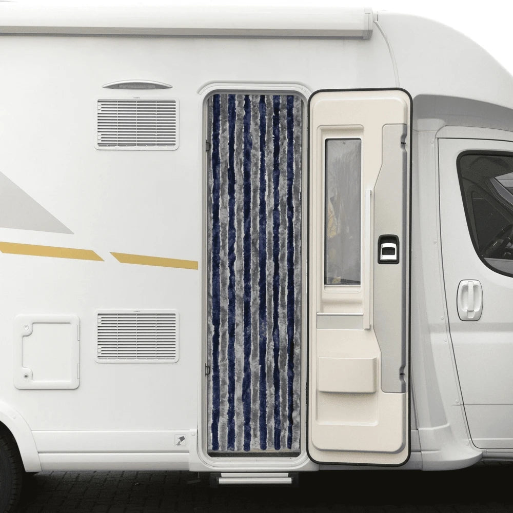 rideau moderne bleu marine gris rayures horizontales 185cm 56cm opaque camping caravane