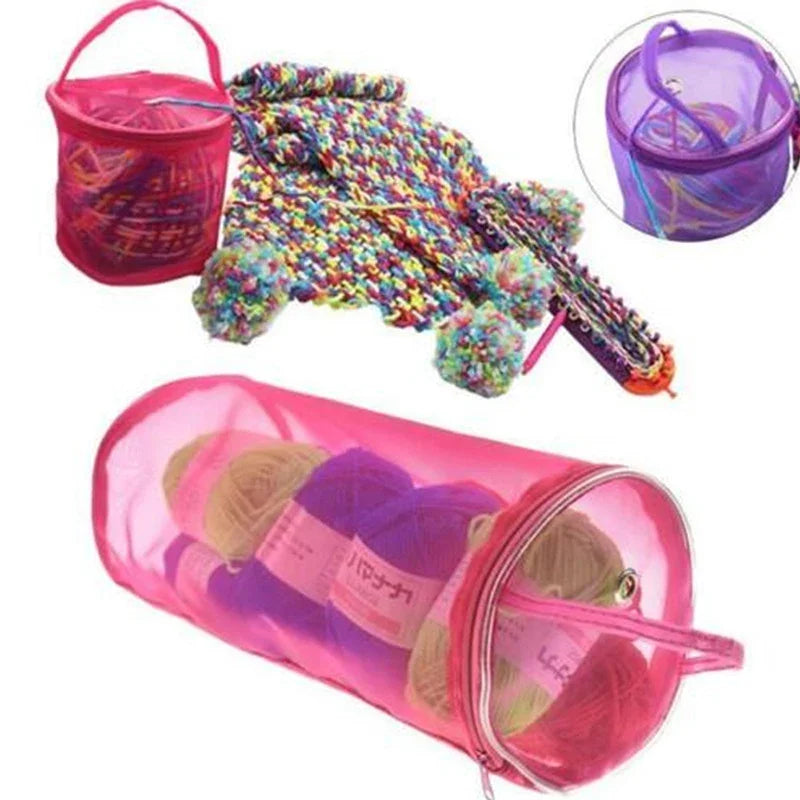 sac maille pratique moderne rose violet bleu boules laine poignée organise laines outils tricot