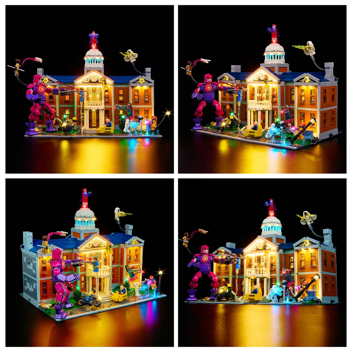 construction lego xmen maison lumineuse led marron blanc bleu verte rouge personnages details architecturaux