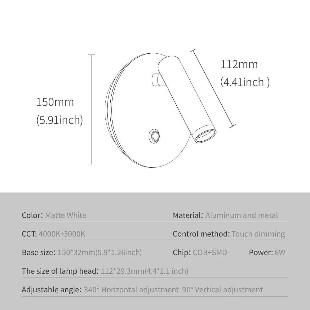 lampe murale moderne led dimmable blanc mat interrupteur tactile fixée mur chambre entree