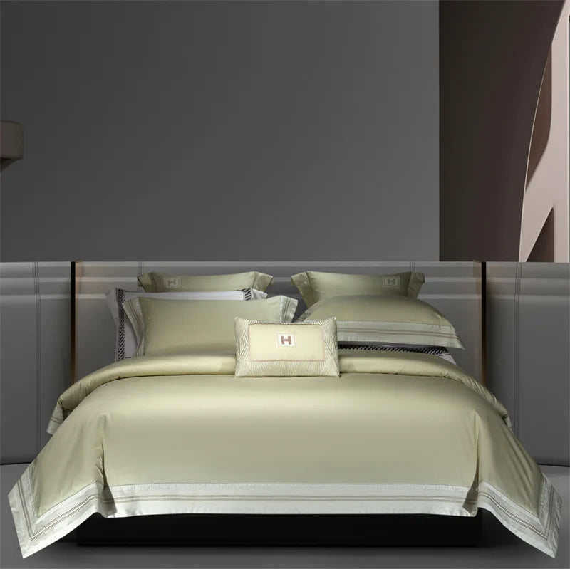 ensemble literie bleu clair broderies moderne 100 coton ultra doux king queen size