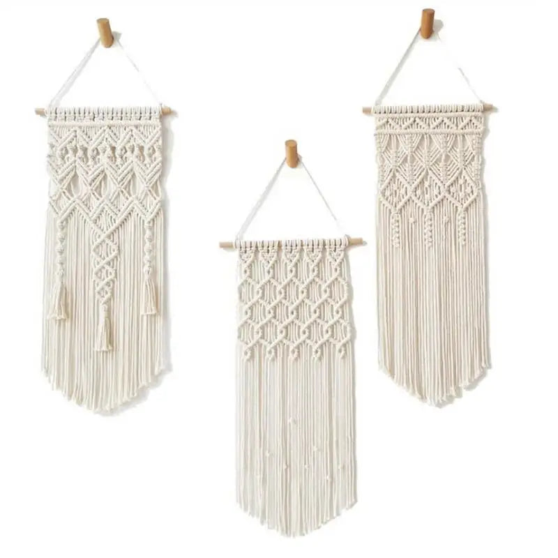décoration murale macramé géométrique bohème franges suspendu tige bois ethnique artisanal triangles losanges