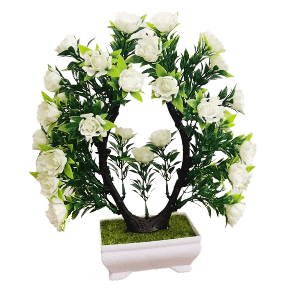 plantes artificielles bonsaï violet rose blanc jaune rouge pot carré mousse verte décoration intérieure