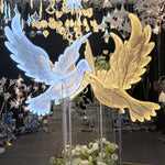 colombes lumineuses décoration mariage blanc or effet dentelle semi transparentes tige métallique festif