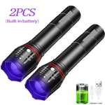 lampe torche uv rechargeable 395nm noir texturé modernes modes lumineux haut bas clignotant