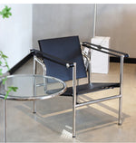 chaise salon moderne minimaliste cuir métal chromé accoudoirs marron noir beige