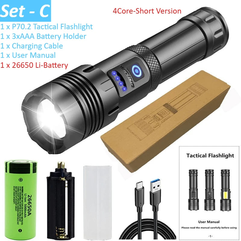 lampe torche rechargeable 15000mAh LED 2300lm zoomable USB moderne résistante autodéfense banque alimentation