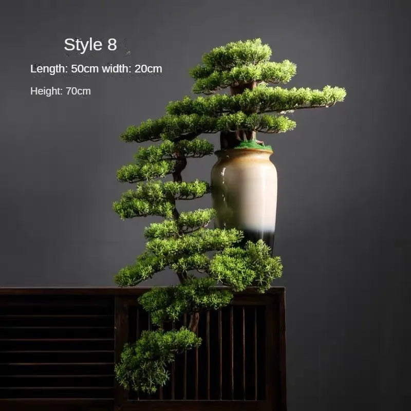 bonsaï artificiel vert clair arbre feuilles fines pot noir gravier blanc ornement extérieur classique