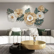 décoration murale moderne or blanc vert fleurs stylisées feuilles monstera métal tropical artistique