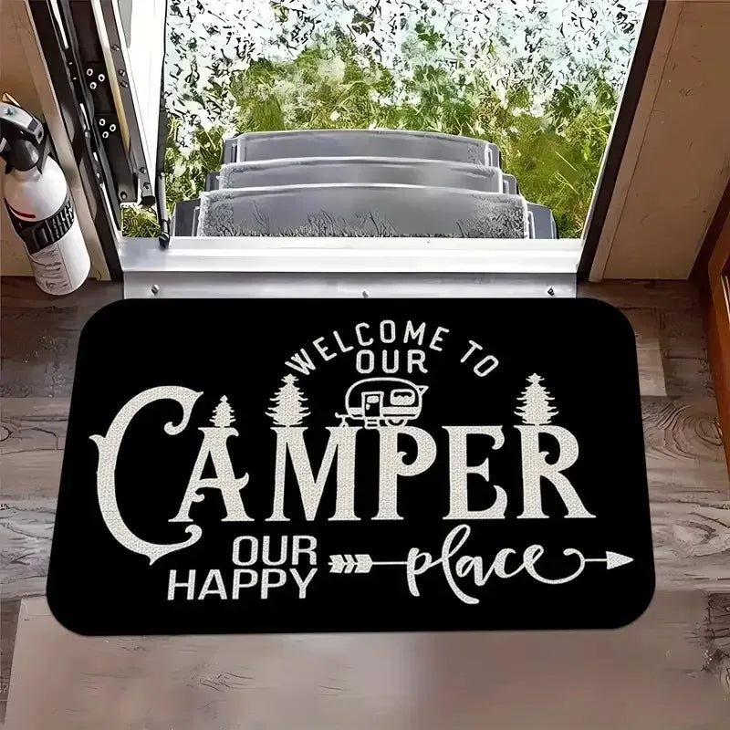 tapis sol antidérapant polyester résistant décoloration lettrage stylisé thème camping patte chien noir blanc