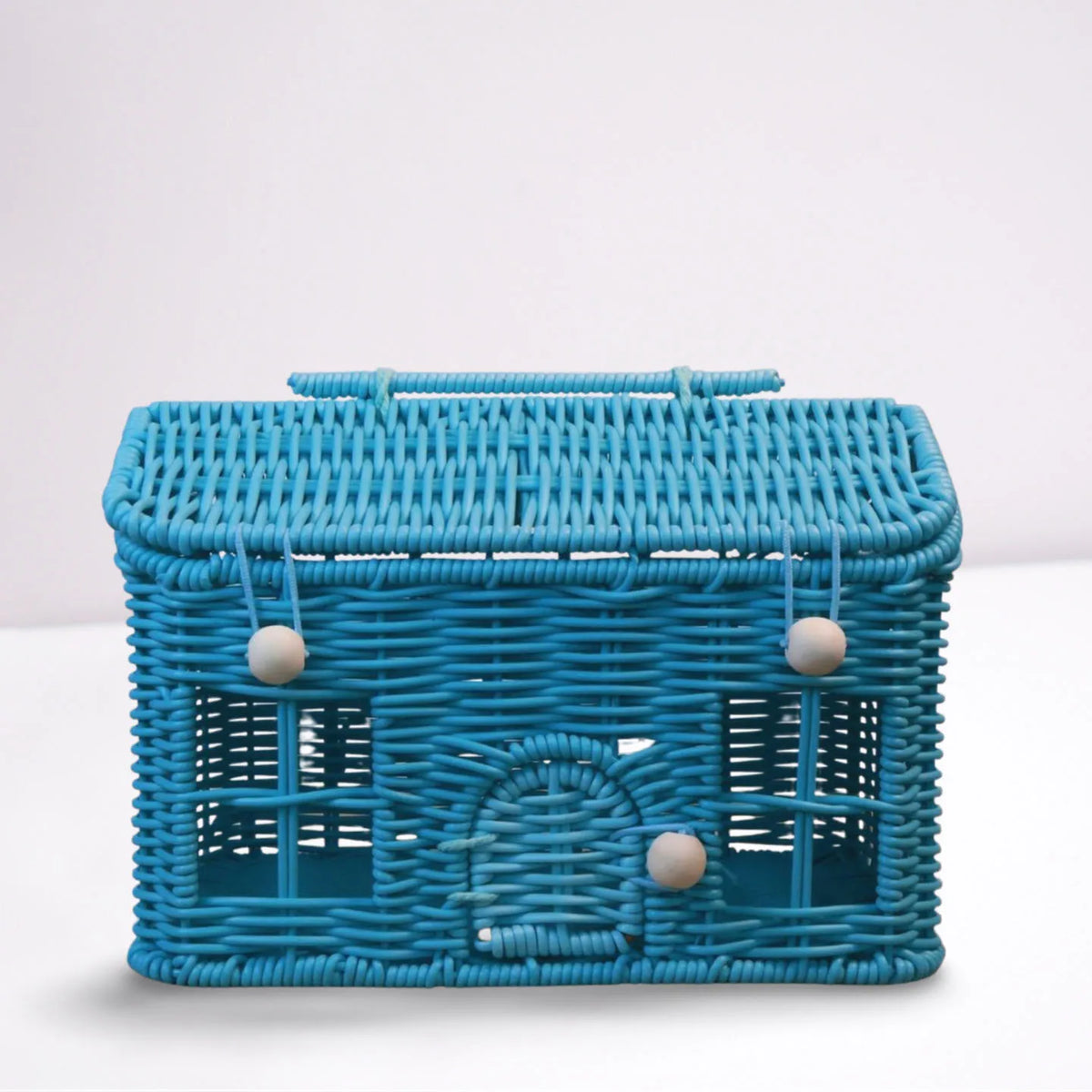panier rangement osier motif maison fenêtres porte vintage bleu vert rose marron beige poignée