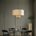 lampe suspendue moderne abat jour tissu texture lin trois tailles différentes lumière chaude blanc