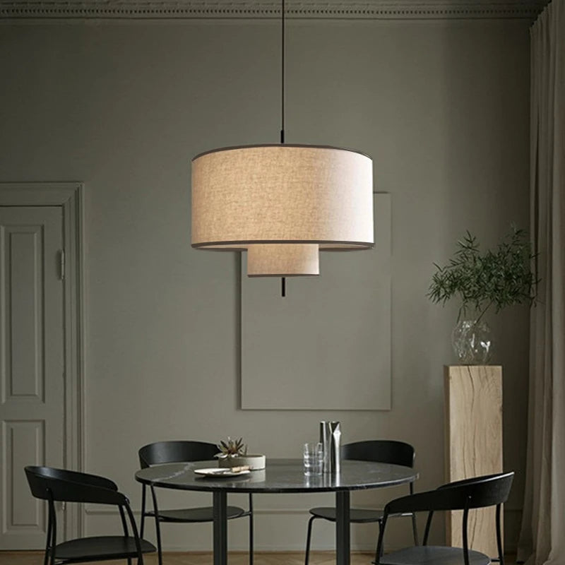 lampe suspendue moderne abat jour tissu texture lin trois tailles différentes lumière chaude blanc