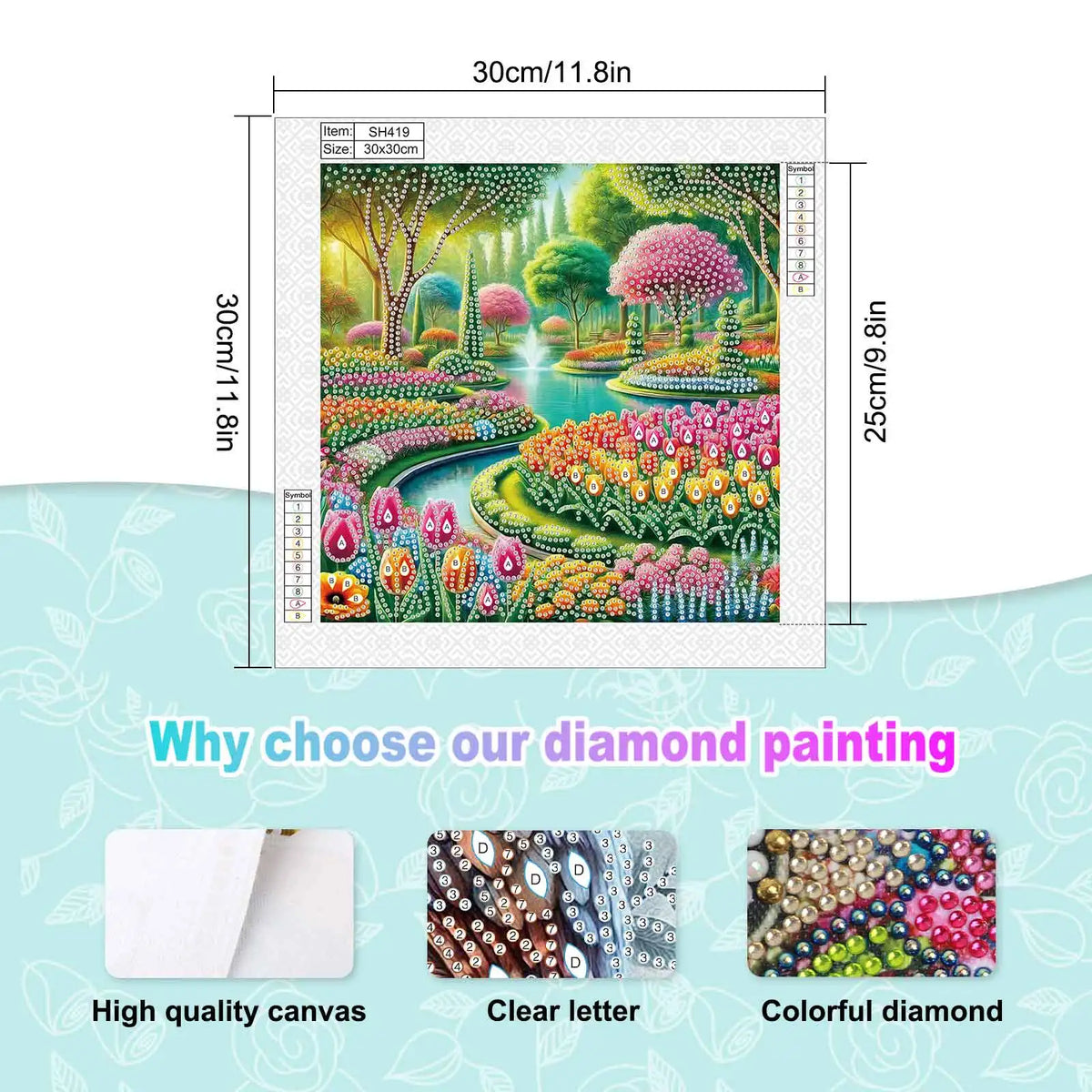 peinture diamant fleurs paysage floral arbres etang fontaine kit diy coloré
