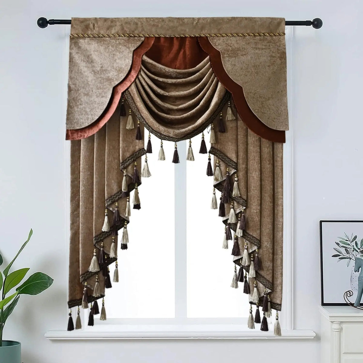 rideau velours marron élégant opacité tassels salon européen classique