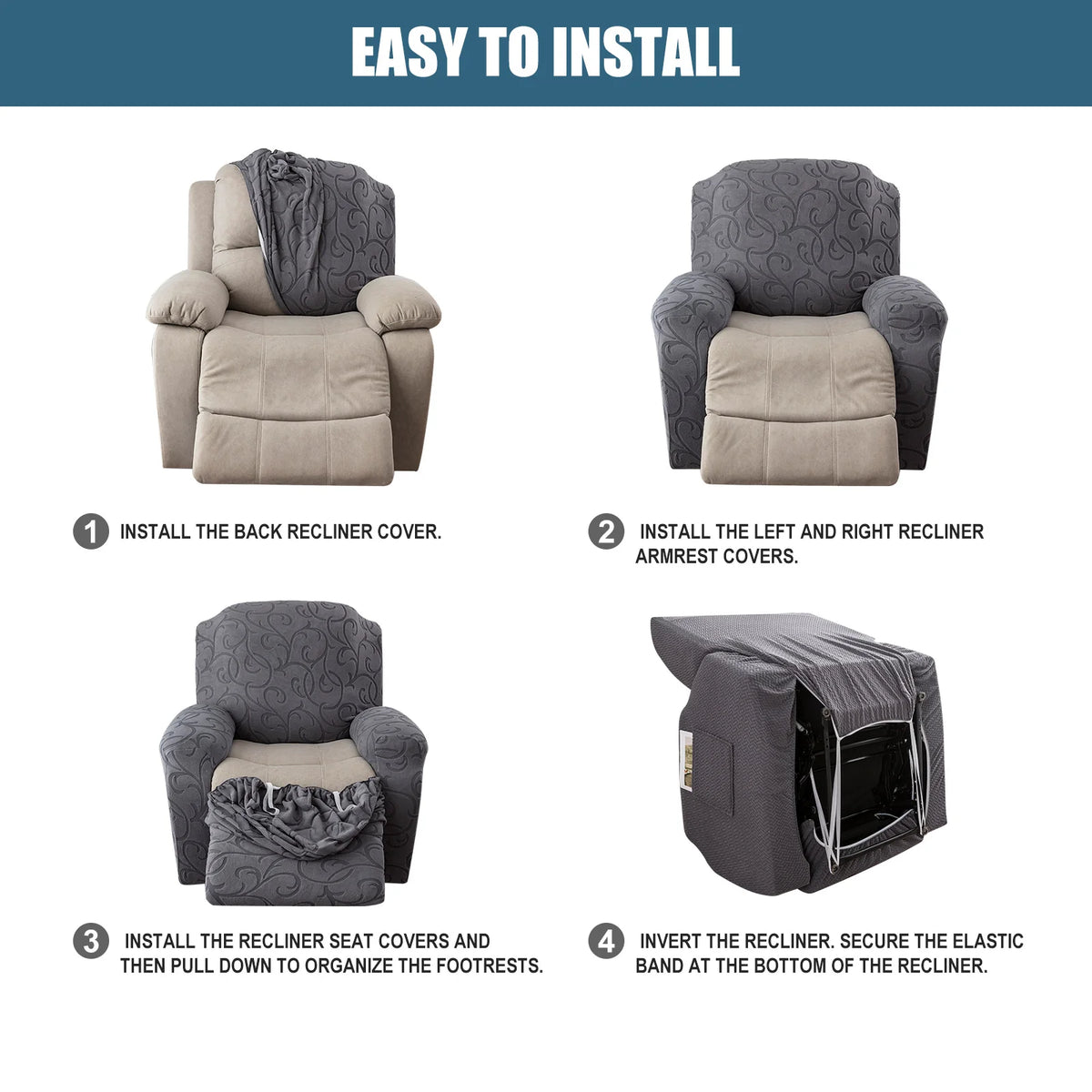 chaise allongée fauteuil inclinable housse polyestère motif floral moderne adhésif poche élastique gris protection