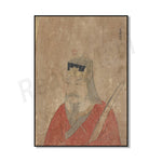 L'image montre un dessin à l'encre représentant un homme avec une longue barbe portant un chapeau et un vêtement rouge, sur un fond de papier texturé.