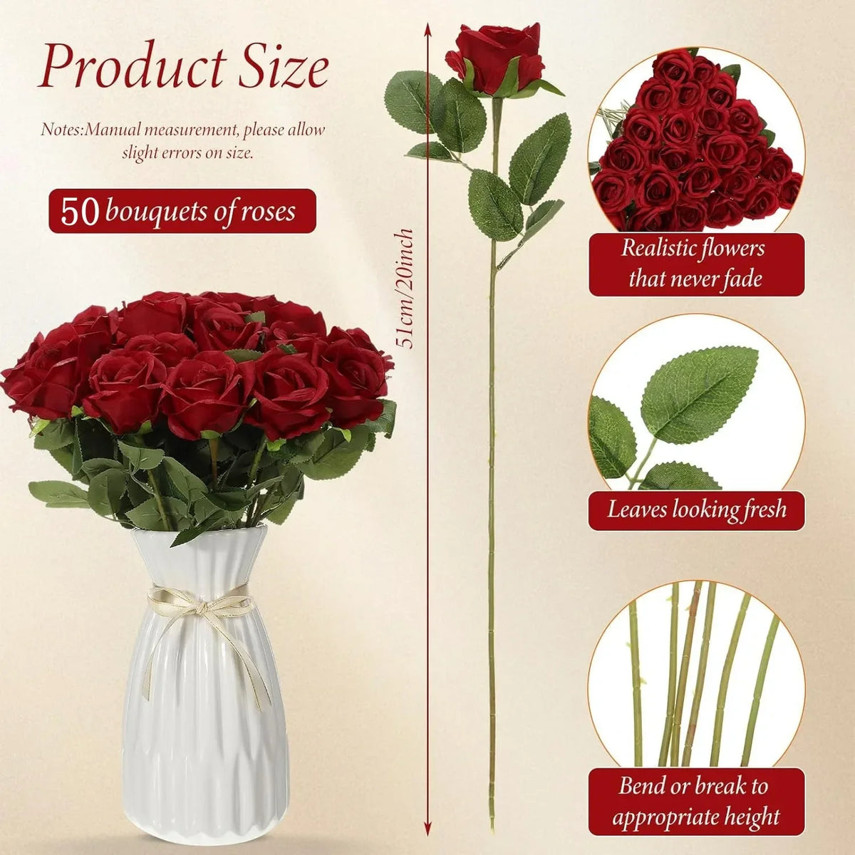 50 roses artificielles velours rouge réalistes bouquet mariage décoration maison fête