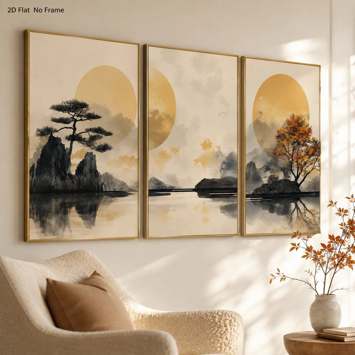 tableau moderne paysage abstrait montagnes arbres ciel reflets eau sans cadre beige orange gris