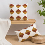 coussin décoratif nordique brodé motif géométrique beige moutarde orange brun boho chic