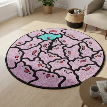 tapis rond anime fantômes yeux rouges fond rose clair texture veloutée moderne 80cm 120cm