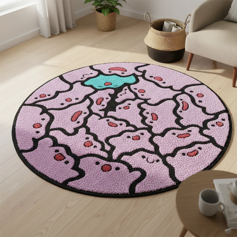 tapis rond anime fantômes yeux rouges fond rose clair texture veloutée moderne 80cm 120cm