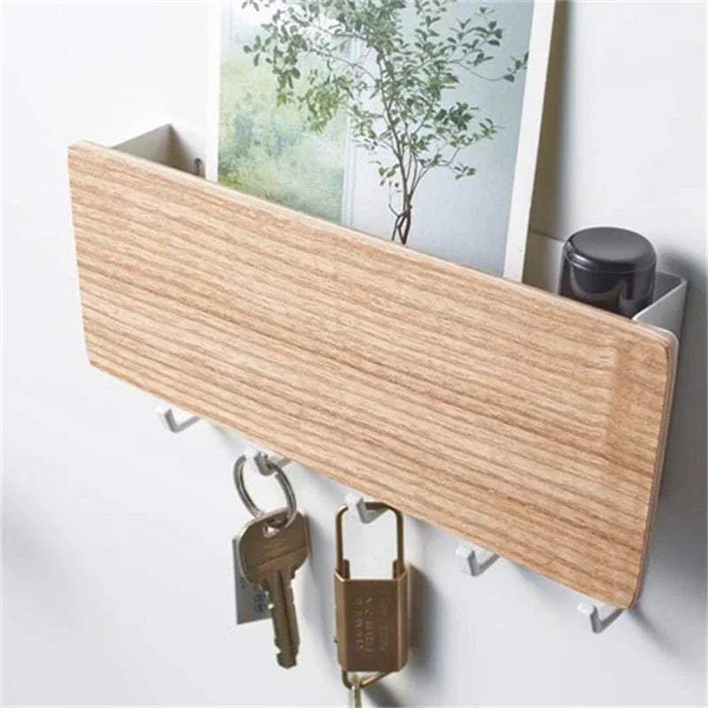 porte clés mural bois naturel moderne crochets clips adhésifs boîte stylos gris métallique