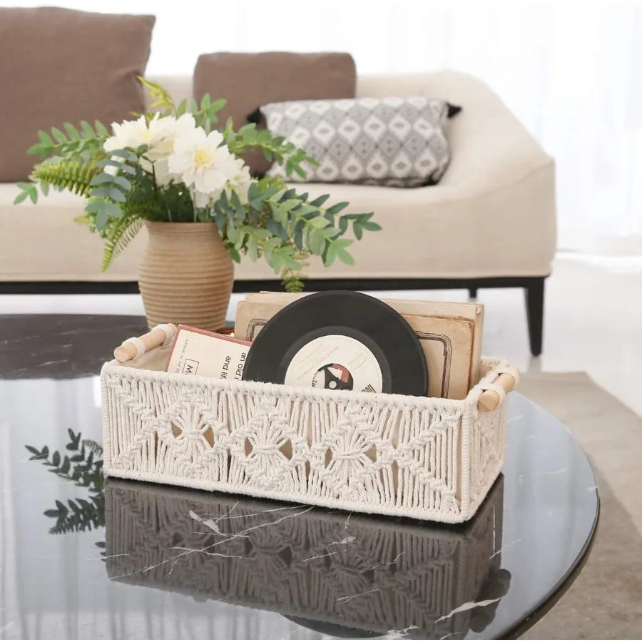 paniers macramé blancs boho chic poignées bois rangement decoration interieur storage glam