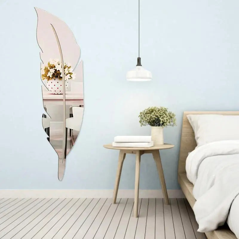 miroir mural argenté plume moderne adhésif anti statique waterproof chambre couloir simple