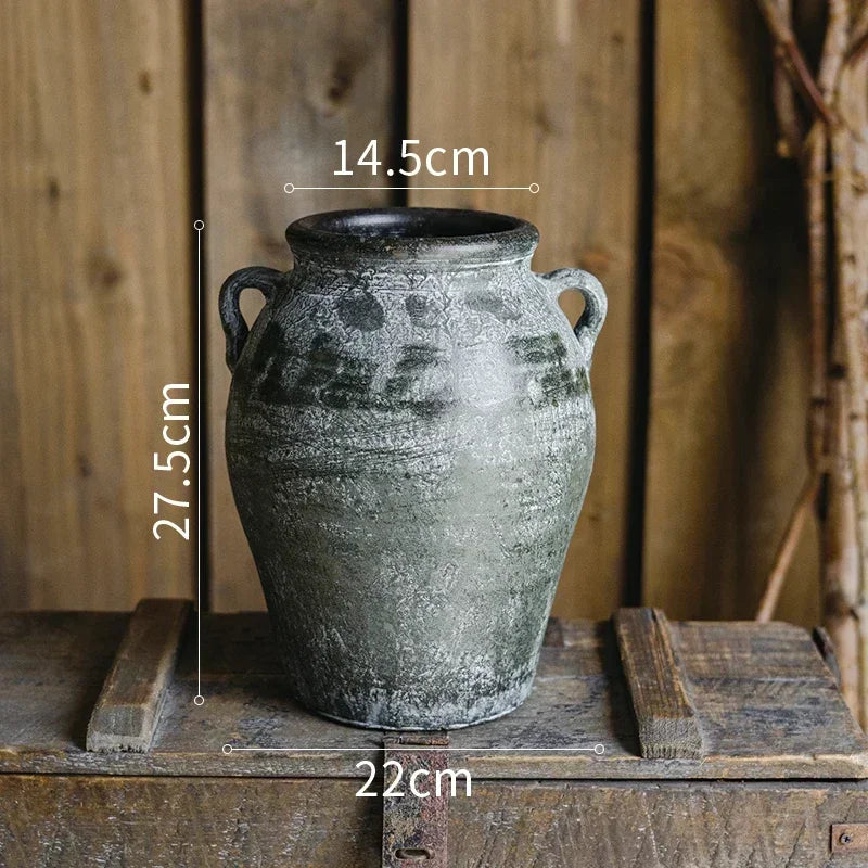 pots céramique vintage gris bleu texture usée rustique plantes balcon