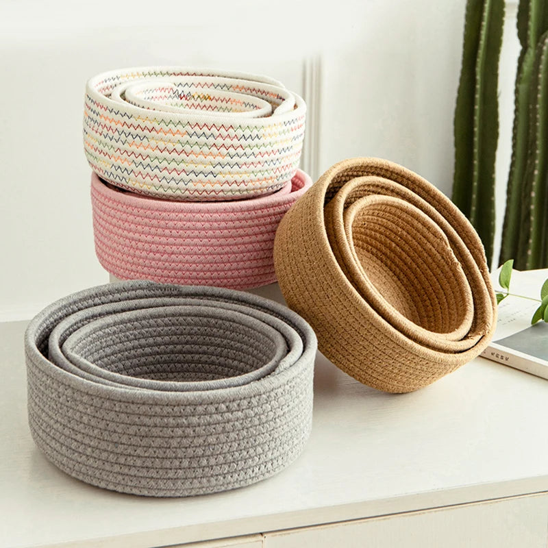 paniers rangement tissés main gris rose beige zigzag multiple opacité minimaliste réutilisable respectueux environnement
