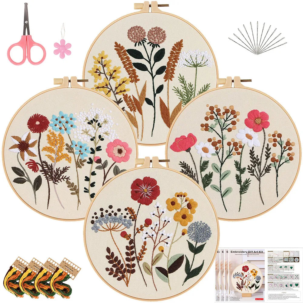 kit broderie fleurs sauvages tissu imprimé bohème aiguilles fils ciseaux instructions artisanal floral rustique