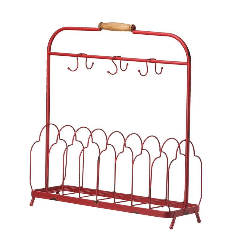 porte assiettes tasses métal rouge vintage rustique crochets assiettes décorées motifs floraux