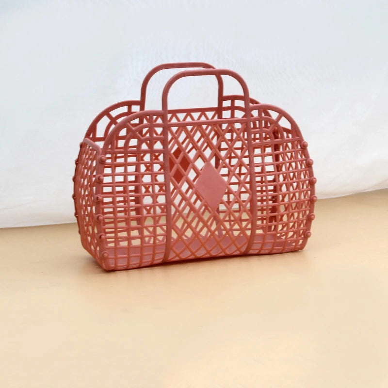 panier maille moderne noir rose clair bébé rangement réutilisable respectueux environnement minimaliste poignéescrição basée