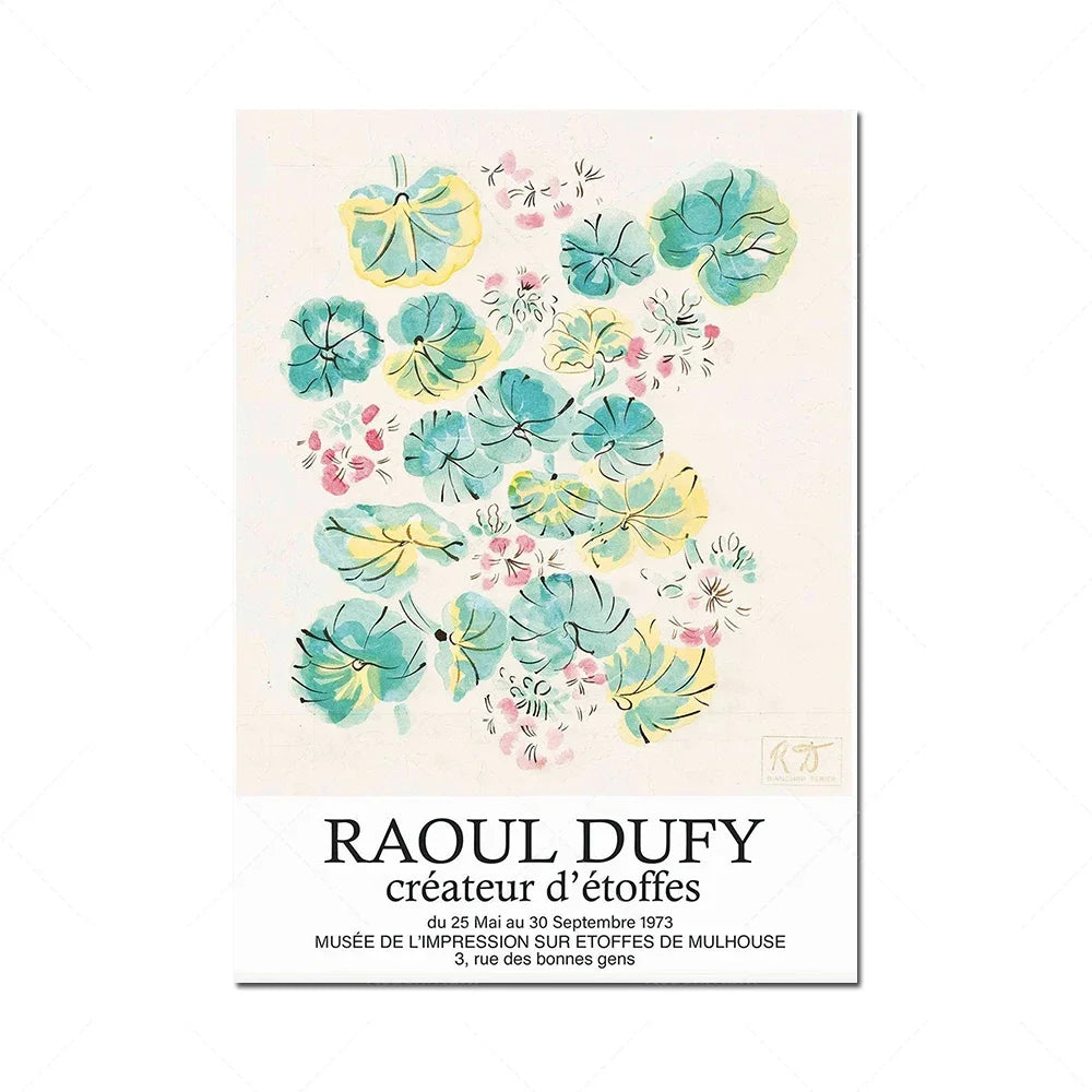 Affiche d'une exposition de créateur de tissus avec un motif floral coloré et abstrait.